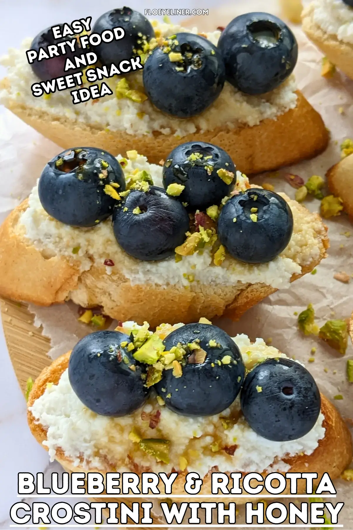 Fresh Blueberry and Ricotta Crostini With Honey - sweet dessert toasts topped with creamy sweet ricotta and fresh blueberries, drizzled with honey.