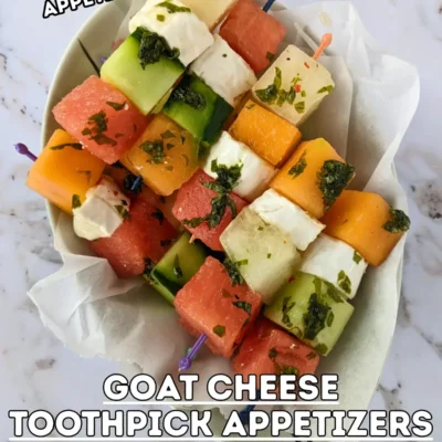 Goat Cheese Toothpick Appetizers With Melon, Watermelon, and Cucumber - colorful fruit and cheese skewers made with cubes of melon, watermelon, cucumber, and goat cheese, drizzled with a spicy mint vinaigrette.
