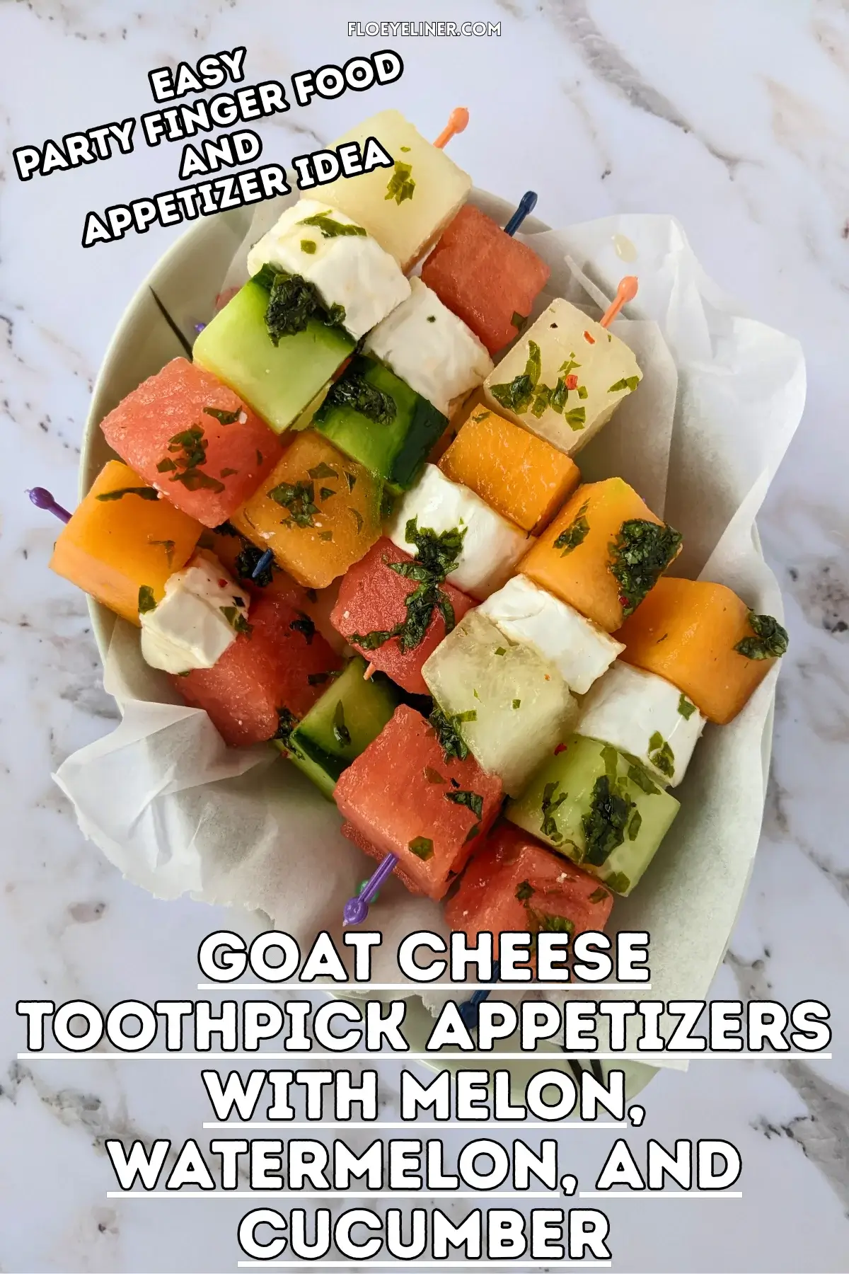 Goat Cheese Toothpick Appetizers With Melon, Watermelon, and Cucumber - colorful fruit and cheese skewers made with cubes of melon, watermelon, cucumber, and goat cheese, drizzled with a spicy mint vinaigrette.