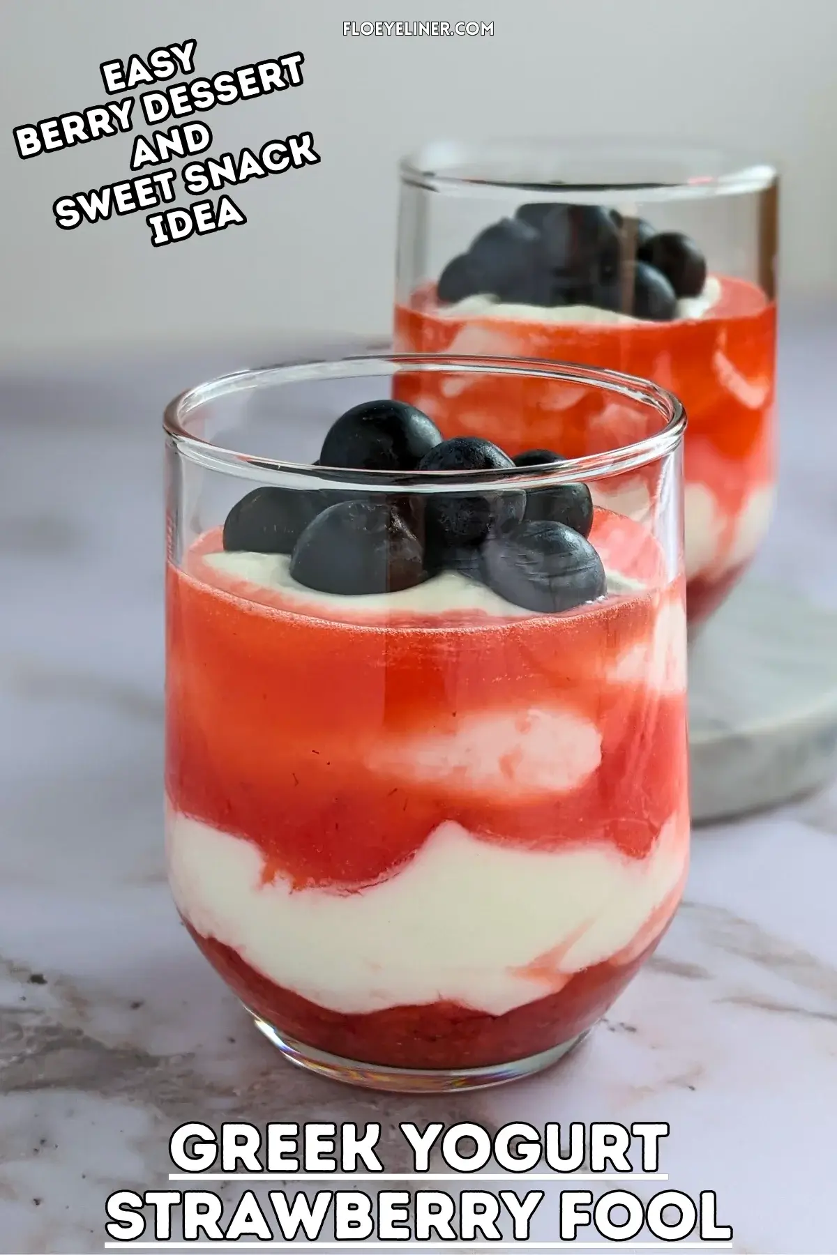 Greek Yogurt Strawberry Fool - whipped Greek yogurt, whipped cream, and strawberry dessert made with alternating layers of stewed strawberries and yogurt-whipped cream mix, topped with blueberries for an extra burst of color.