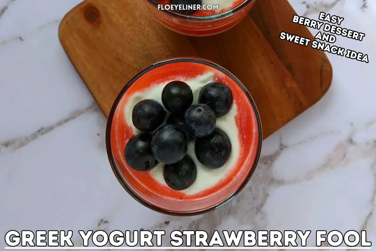 Greek Yogurt Strawberry Fool - whipped Greek yogurt, whipped cream, and strawberry dessert made with alternating layers of stewed strawberries and yogurt-whipped cream mix, topped with blueberries for an extra burst of color.