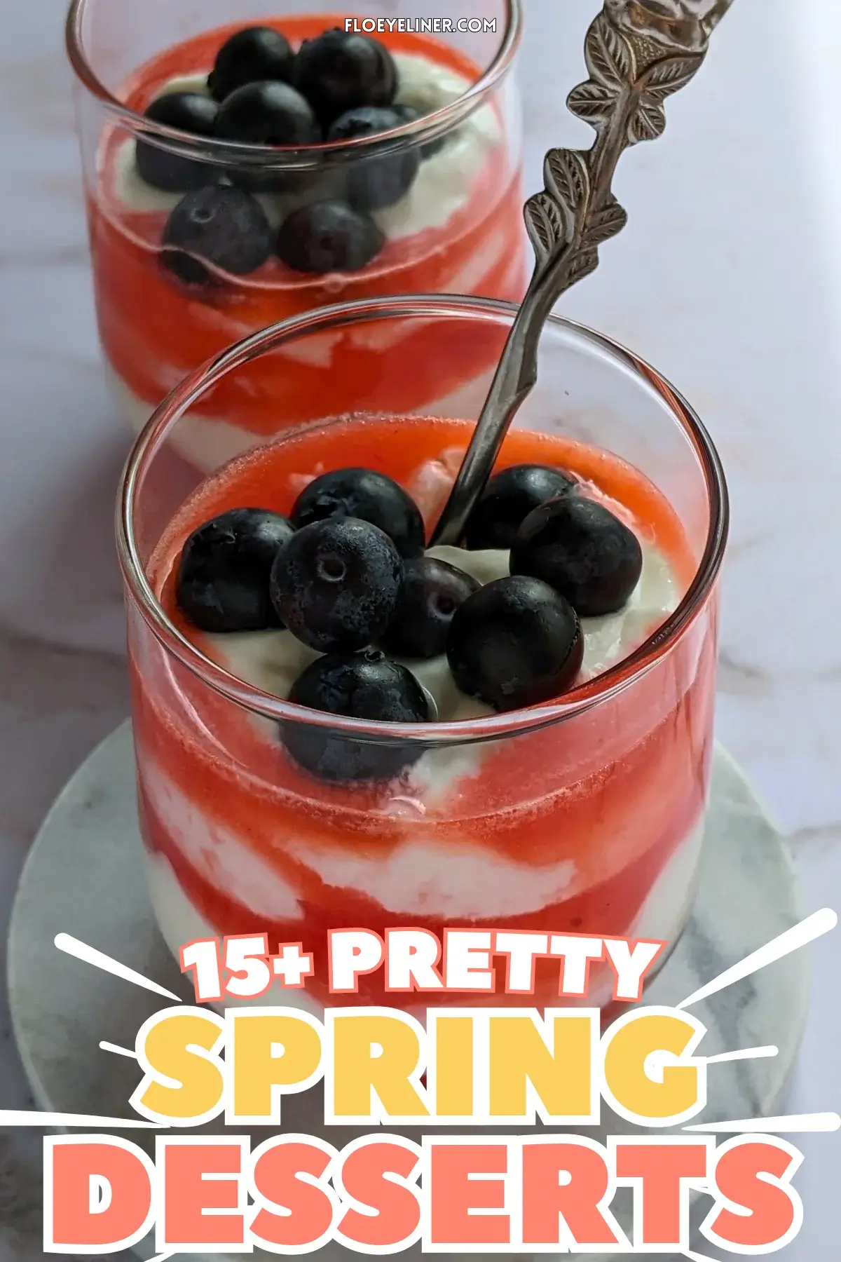 Greek Yogurt Strawberry Fool - whipped Greek yogurt, whipped cream, and strawberry dessert made with alternating layers of stewed strawberries and yogurt-whipped cream mix, topped with blueberries for an extra burst of color.