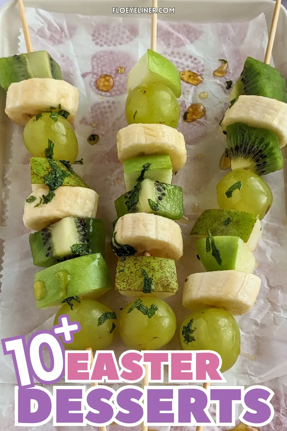 Green Fruit Kabobs - fruit skewers made with chunks of green fruits like kiwi, grapes, green apple, and green pear, plus chunks of bananas, drizzled with a fresh mint, lime juice, and maple sryup sauce.