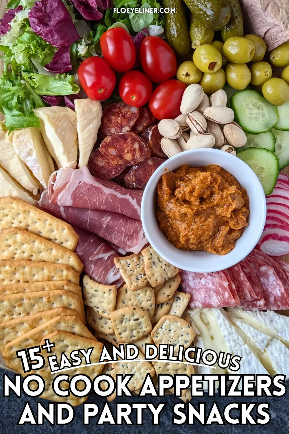 Healthier Charcuterie Appetizer Board - A healthier charcuterie appetizer board featuring fresh vegetables, soft cheeses, sliced meats, and pickled bites on a rustic board.