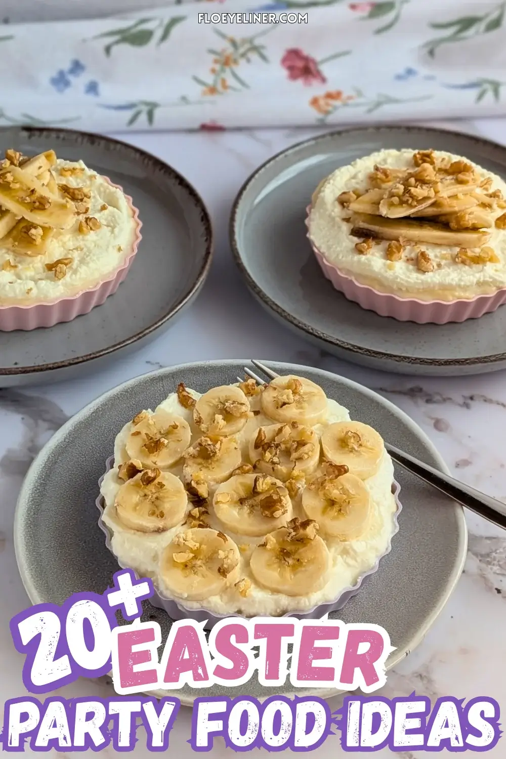 Mini Banana Cream Pies - mini no bake banana cream pies made with a crispy low-sugar vanilla biscuit crumbs and butter crust, layered with fresh bananas, filled with a homemade vanilla custard, and topped with whipped cream, sliced bananas, and crushed walnuts.