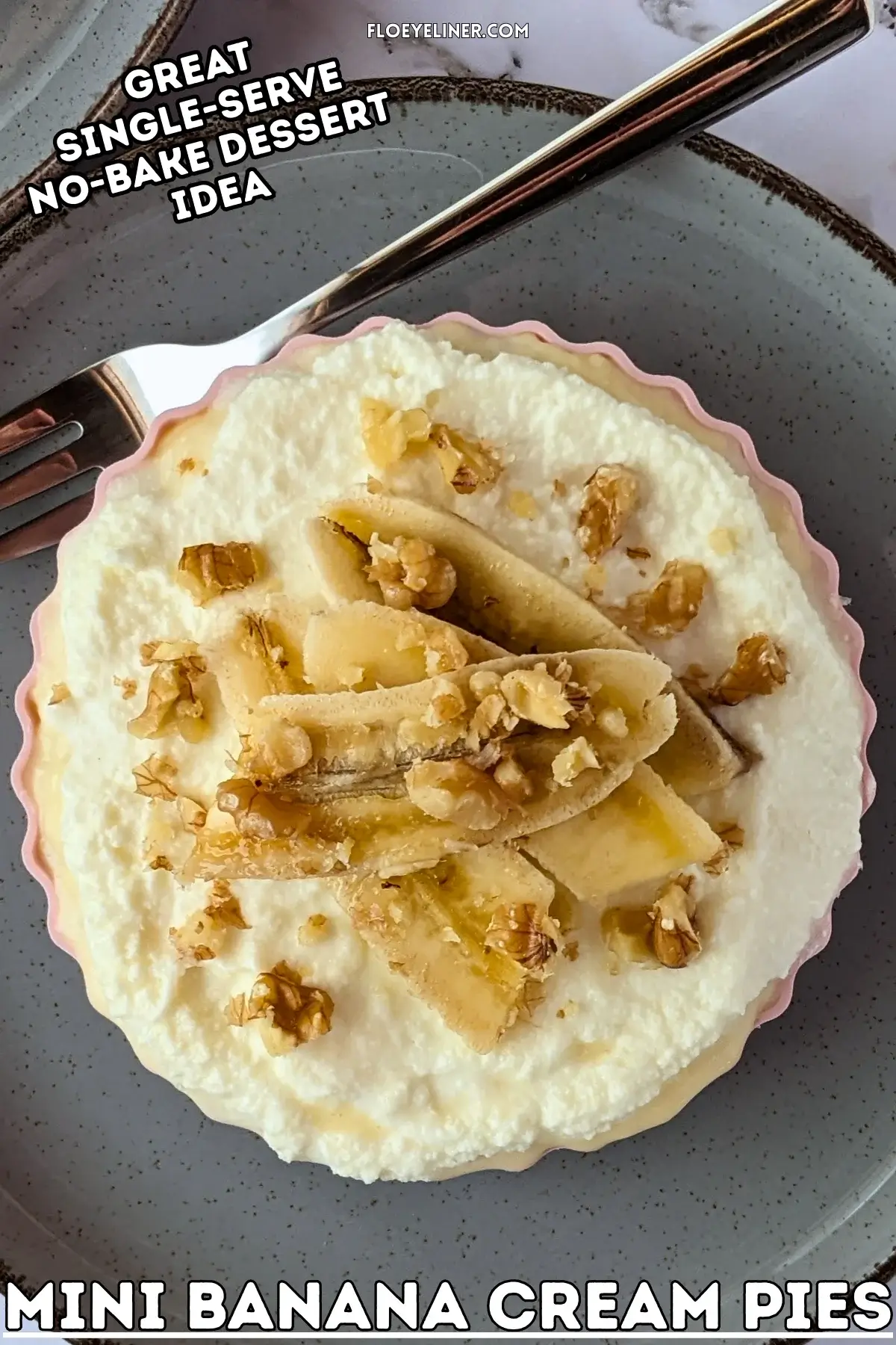 Mini Banana Cream Pies - mini no bake banana cream pies made with a crispy low-sugar vanilla biscuit crumbs and butter crust, layered with fresh bananas, filled with a homemade vanilla custard, and topped with whipped cream, sliced bananas, and crushed walnuts.