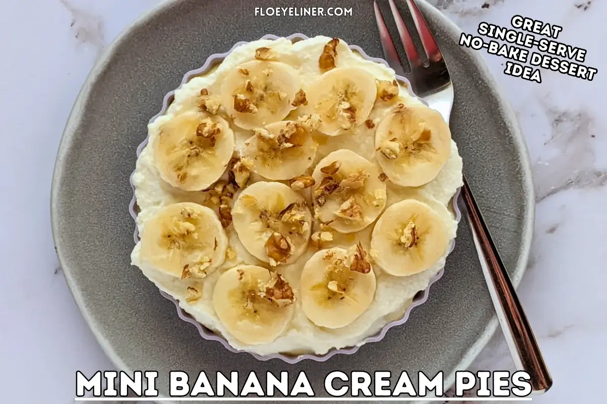 Mini Banana Cream Pies - mini no bake banana cream pies made with a crispy low-sugar vanilla biscuit crumbs and butter crust, layered with fresh bananas, filled with a homemade vanilla custard, and topped with whipped cream, sliced bananas, and crushed walnuts.