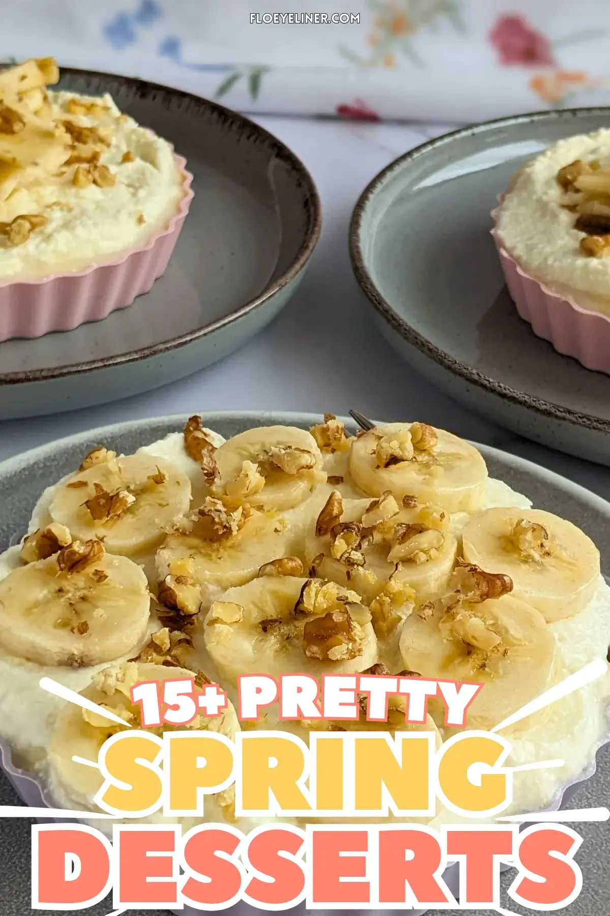 Mini Banana Cream Pies - mini no bake banana cream pies made with a crispy low-sugar vanilla biscuit crumbs and butter crust, layered with fresh bananas, filled with a homemade vanilla custard, and topped with whipped cream, sliced bananas, and crushed walnuts.