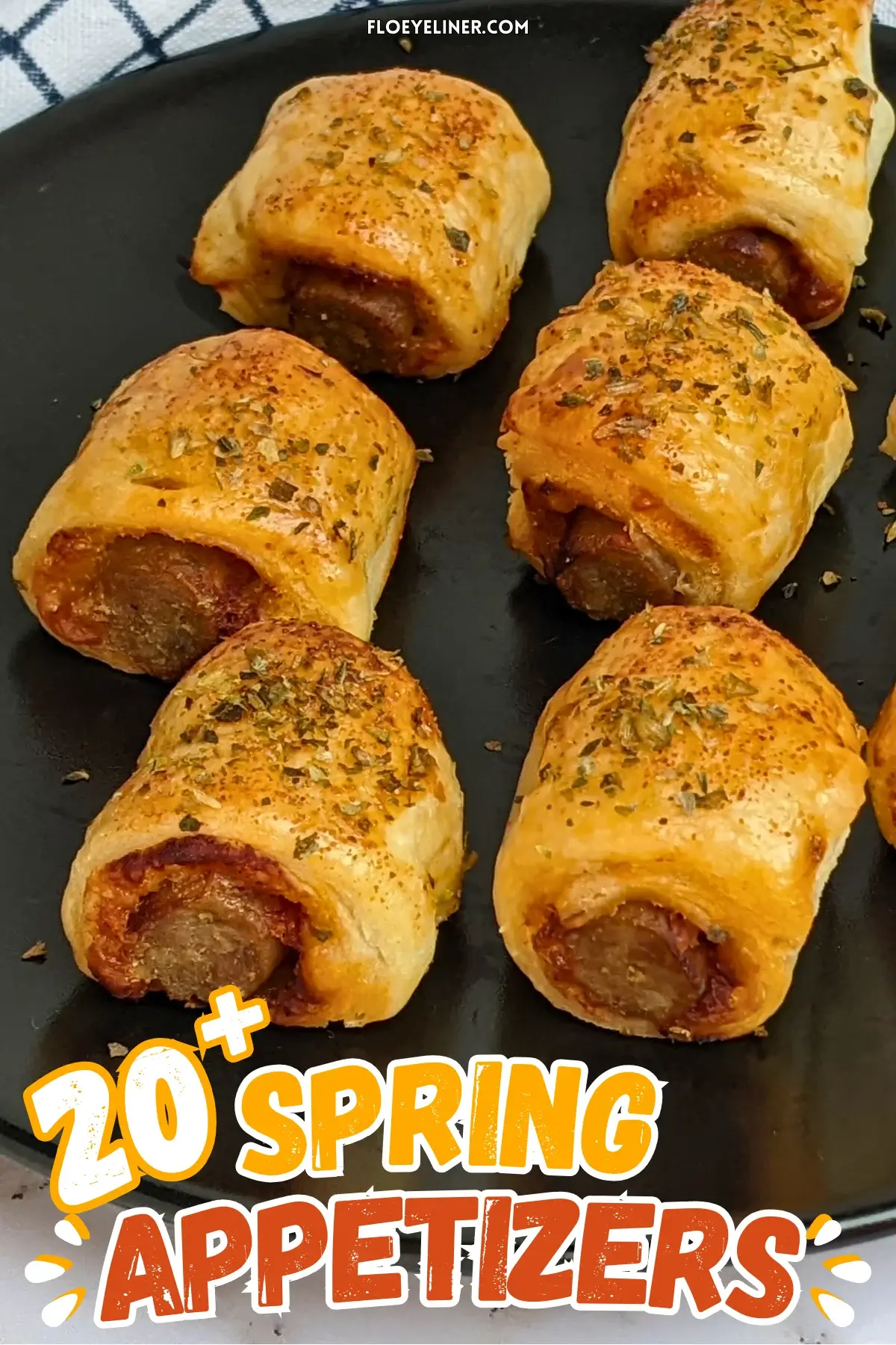 Mini Italian sausage rolls with puff pastry - a puff pastry appetizer filled with baked Italian-style sausages, topped with parmesan cheese and a salsa, mustard, and balsamic vinegar sauce.