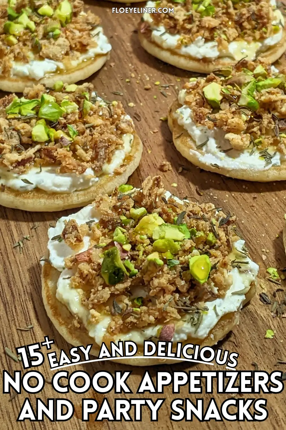 Mini Pancake Bites With Dried Onions - savory mini pancake canapes topped with a creamy herb-and-garlic cream cheese spread, crispy dried onions, maple syrup, and crushed pistachios for garnish.