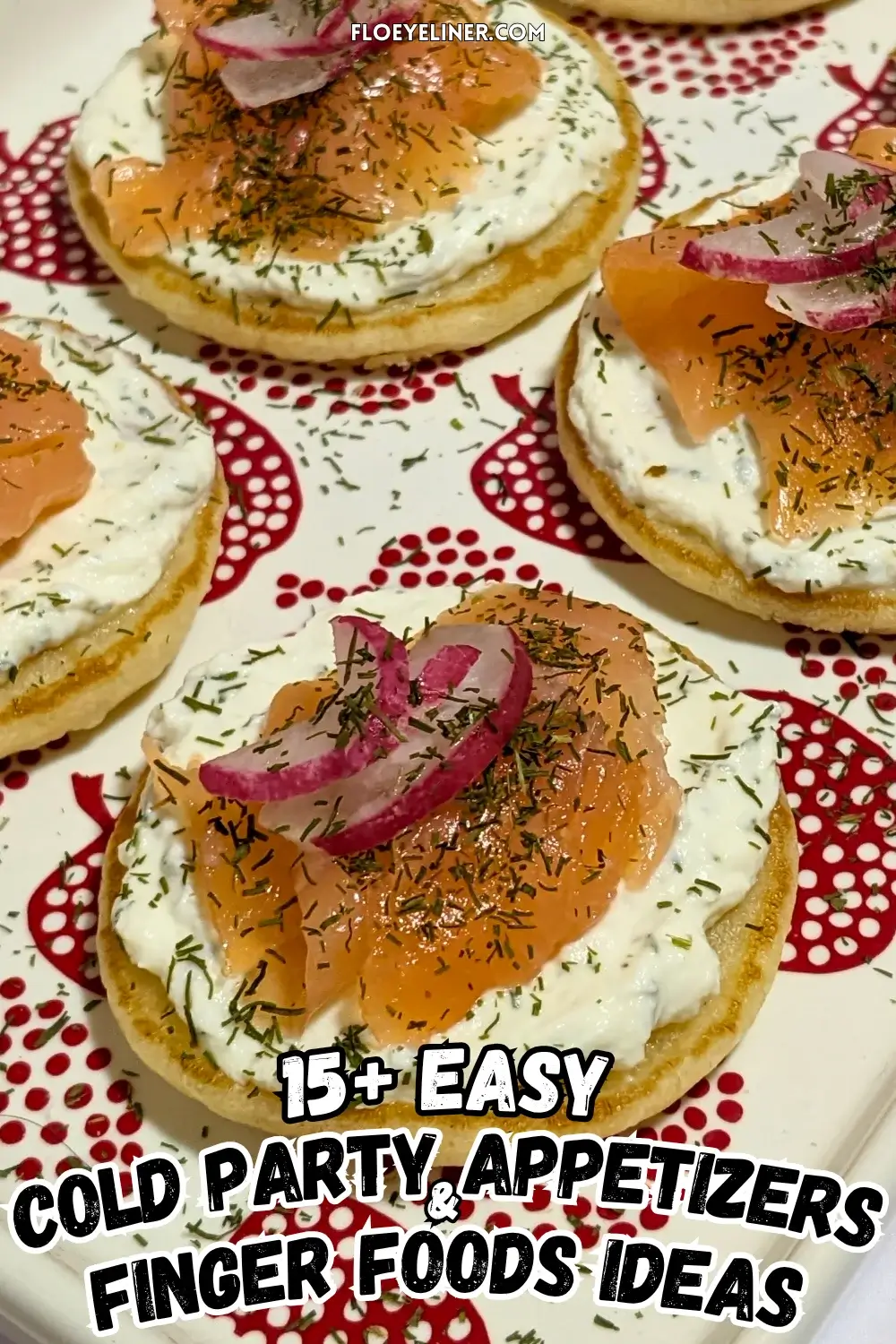 Mini Pancake Smoked Salmon Appetizers - savory mini pancake canapes topped with a creamy lemon-dill cream cheese spread, pieces of smoked salmon, and radish slices for garnish.