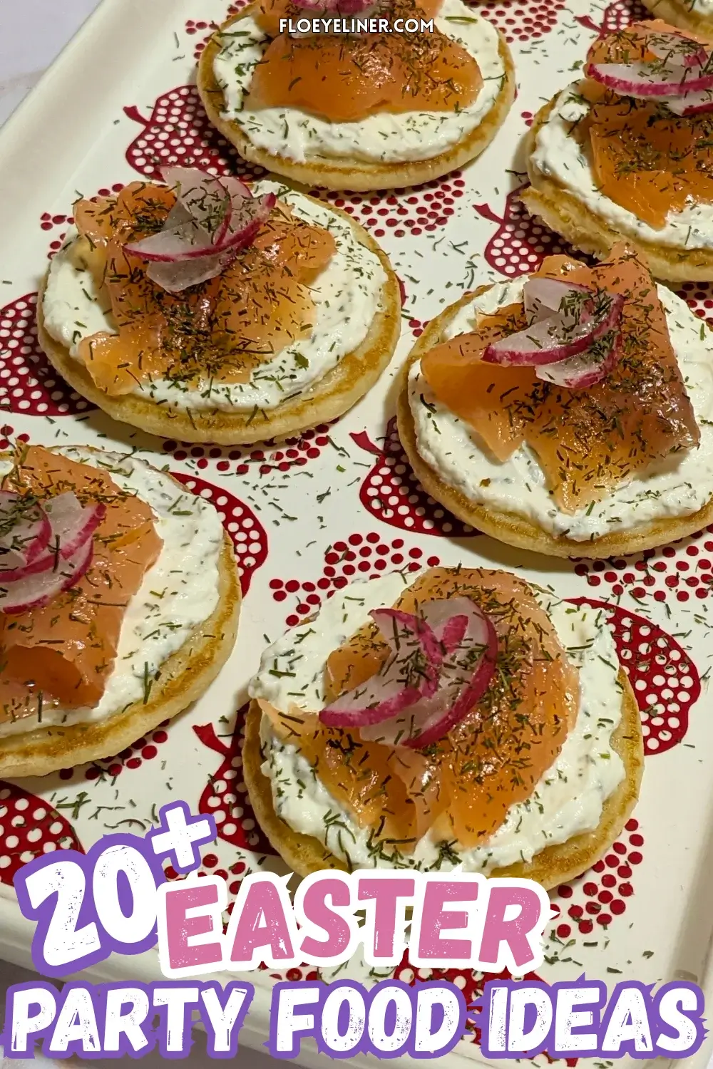 Mini Pancake Smoked Salmon Appetizers - savory mini pancake canapes topped with a creamy lemon-dill cream cheese spread, pieces of smoked salmon, and radish slices for garnish.