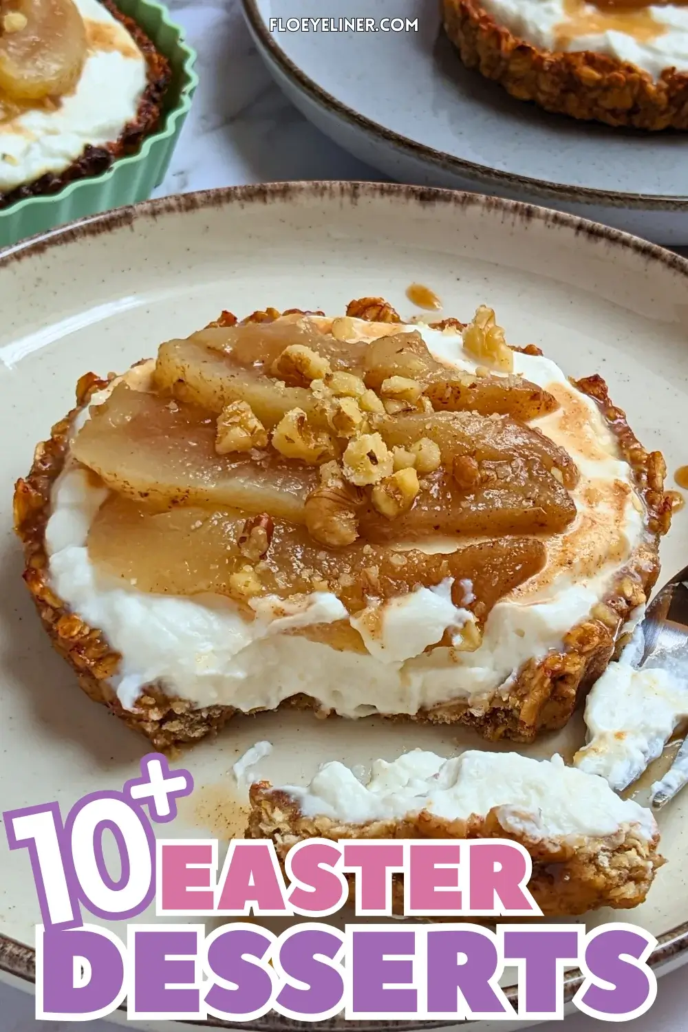 Mini Tarts With Whipped Ricotta and Poached Pears - mini dessert tarts made with homemade banana-honey-rolled oats bases, filled with a creamy ricotta and whipped cream filling, and topped with freshly roasted cinnamon-maple syrup pears.