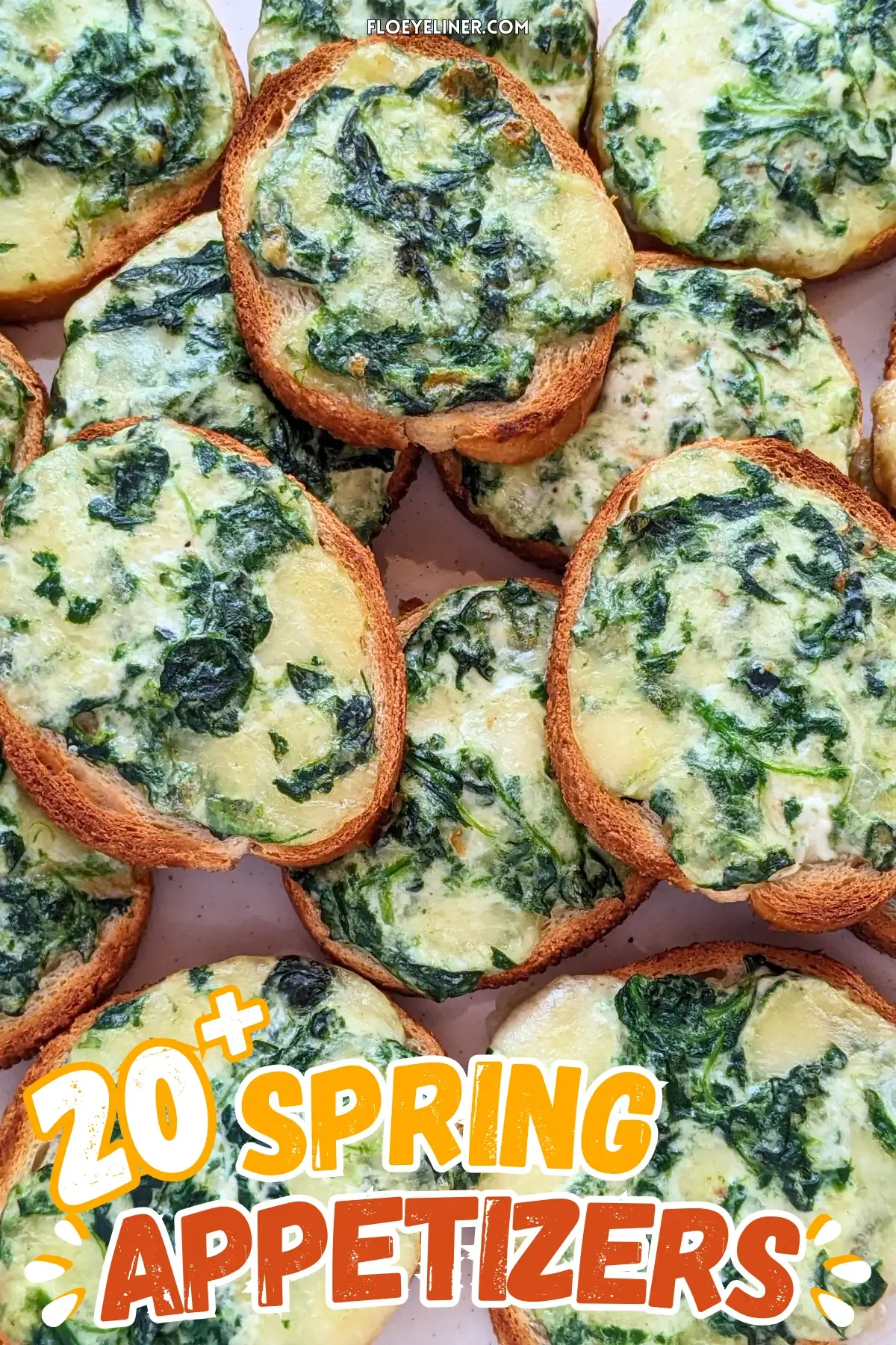 Mozzarella and Spinach Crostini Appetizers - oven baked mini toasts topped with a creamy, cheesy mozzarella, cream cheese, and spinach spread.