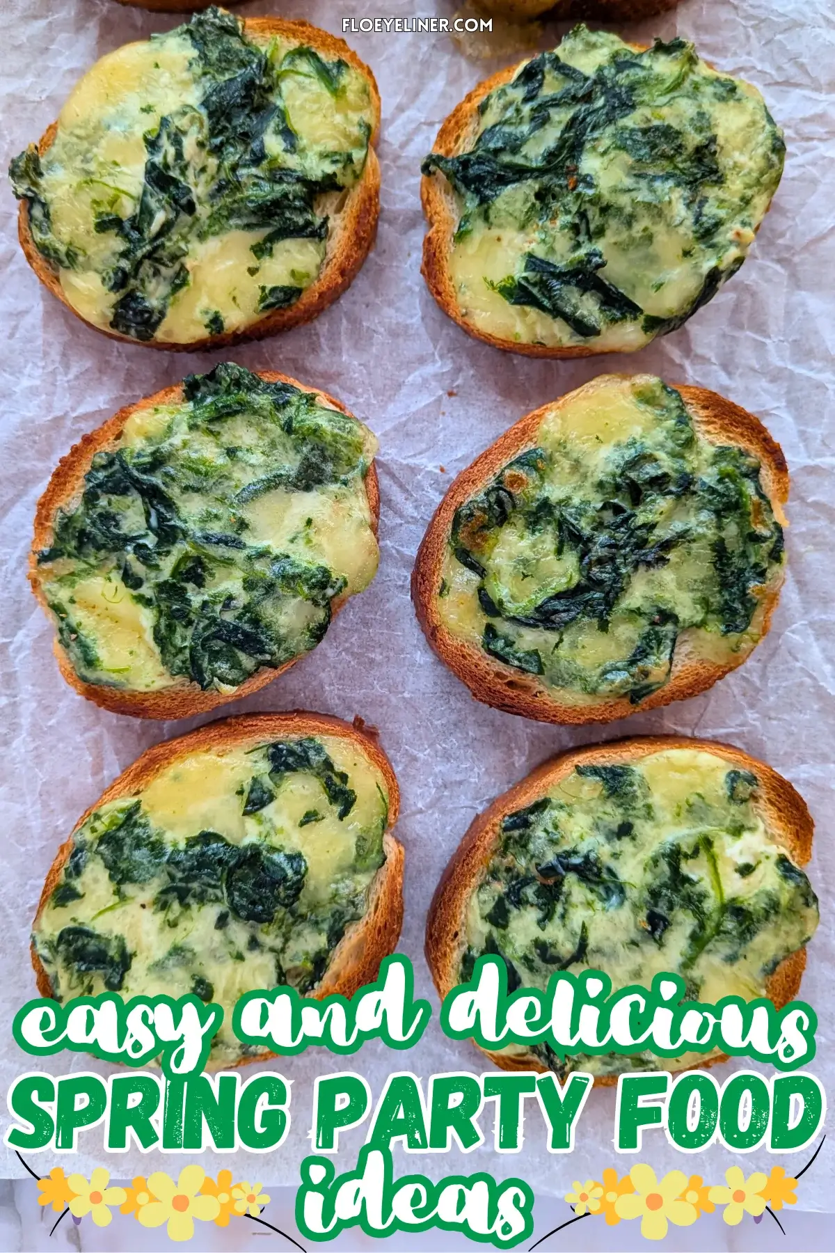 Mozzarella and Spinach Crostini Appetizers - oven baked mini toasts topped with a creamy, cheesy mozzarella, cream cheese, and spinach spread.