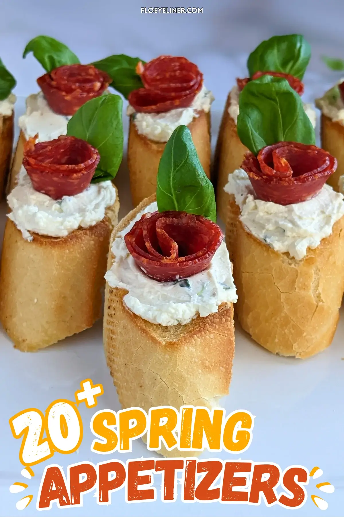 Pepperoni Rose Crostini Appetizers - oven-baked crostini toasts topped with homemade dried onion-fresh thyme cream cheese, slices of pepperoni rolled into roses, and fresh basil leaves for rose leaves.