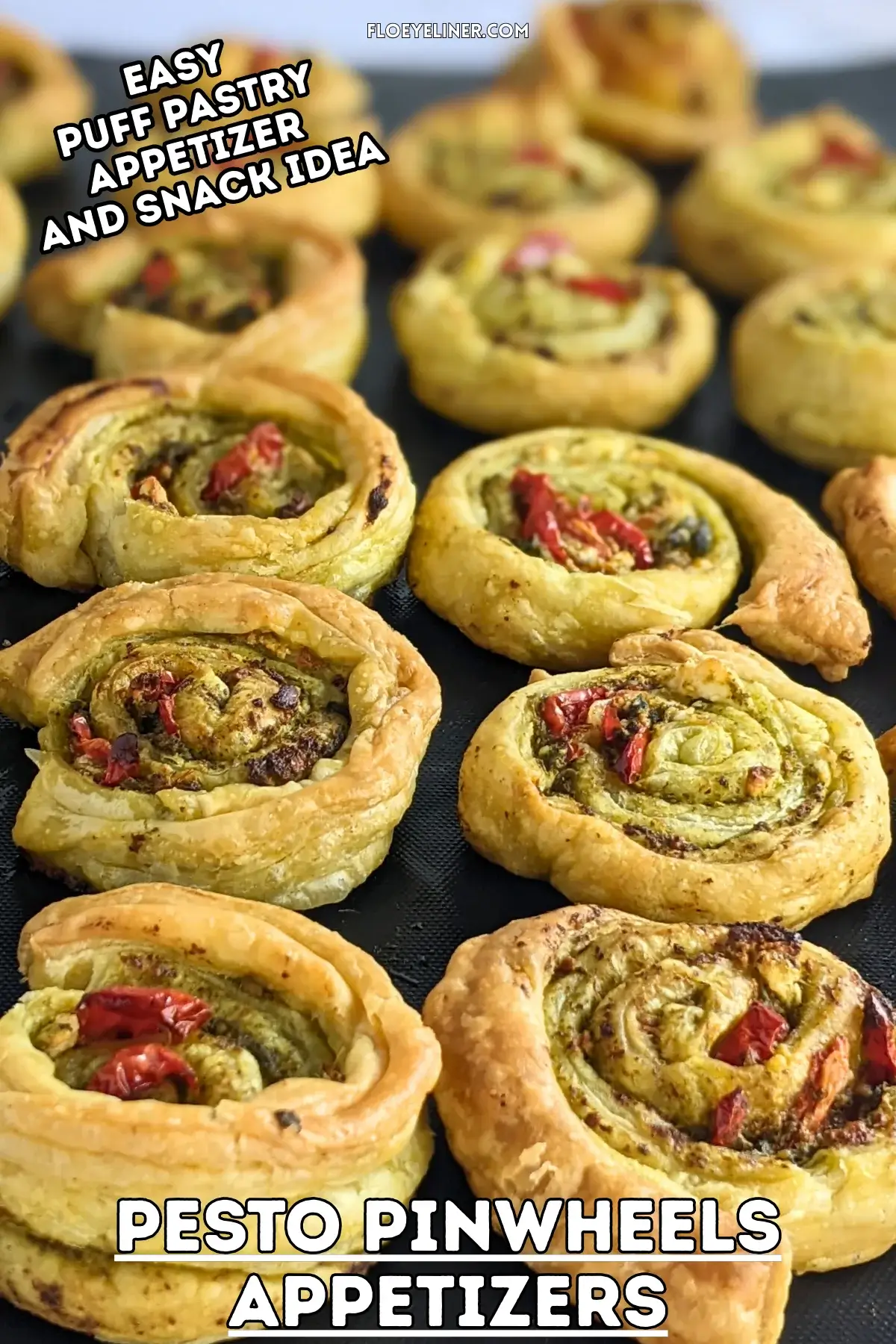 Pesto Pinwheels Appetizers - Savory pesto pinwheels appetizers made with puff pastry and filled with basil pesto, fresh cherry tomatoes, and crumbled feta.