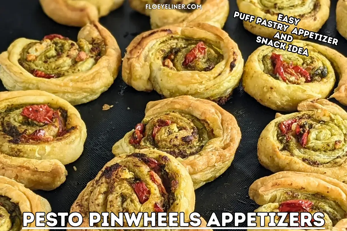 Pesto Pinwheels Appetizers - Savory pesto pinwheels appetizers made with puff pastry and filled with basil pesto, fresh cherry tomatoes, and crumbled feta.