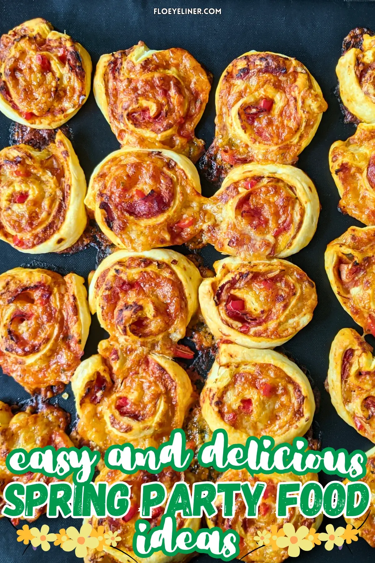 Pizza Pinwheels - Golden brown pizza pinwheels filled with tomato sauce, salami, and melted cheese.