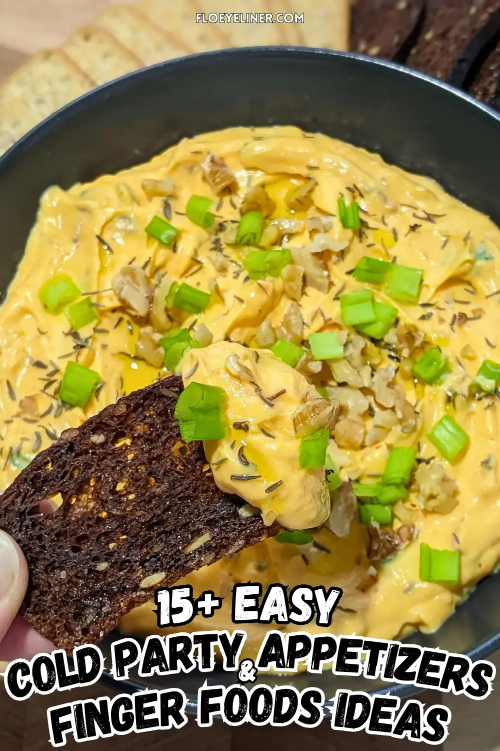 Pumpkin Feta Dip - party dip made with roasted pumpkin, feta cheese, a bit of Greek yoghurt, fried bacon, and green onion, served with green onion and crushed walnuts on top and crispbreads and crackers on the side.