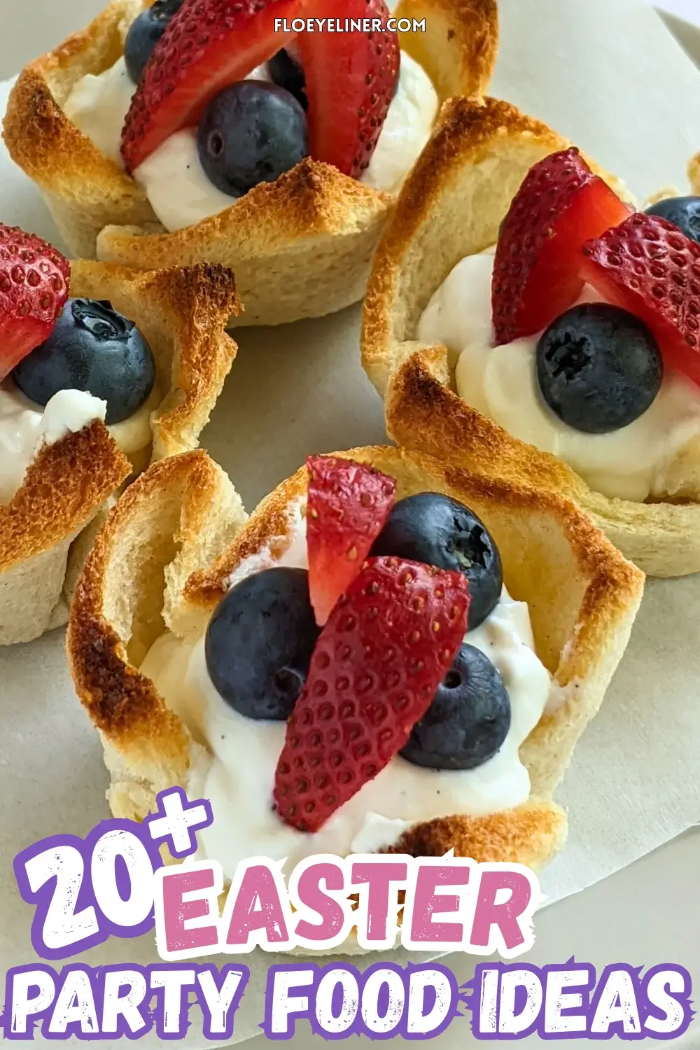 Ricotta and Mixed Berry Dessert Toast Cups - muffin-tin baked mini dessert cups made from white bread, filled with sweet ricotta and topped with fresh mixed berries like strawberries and blueberries.