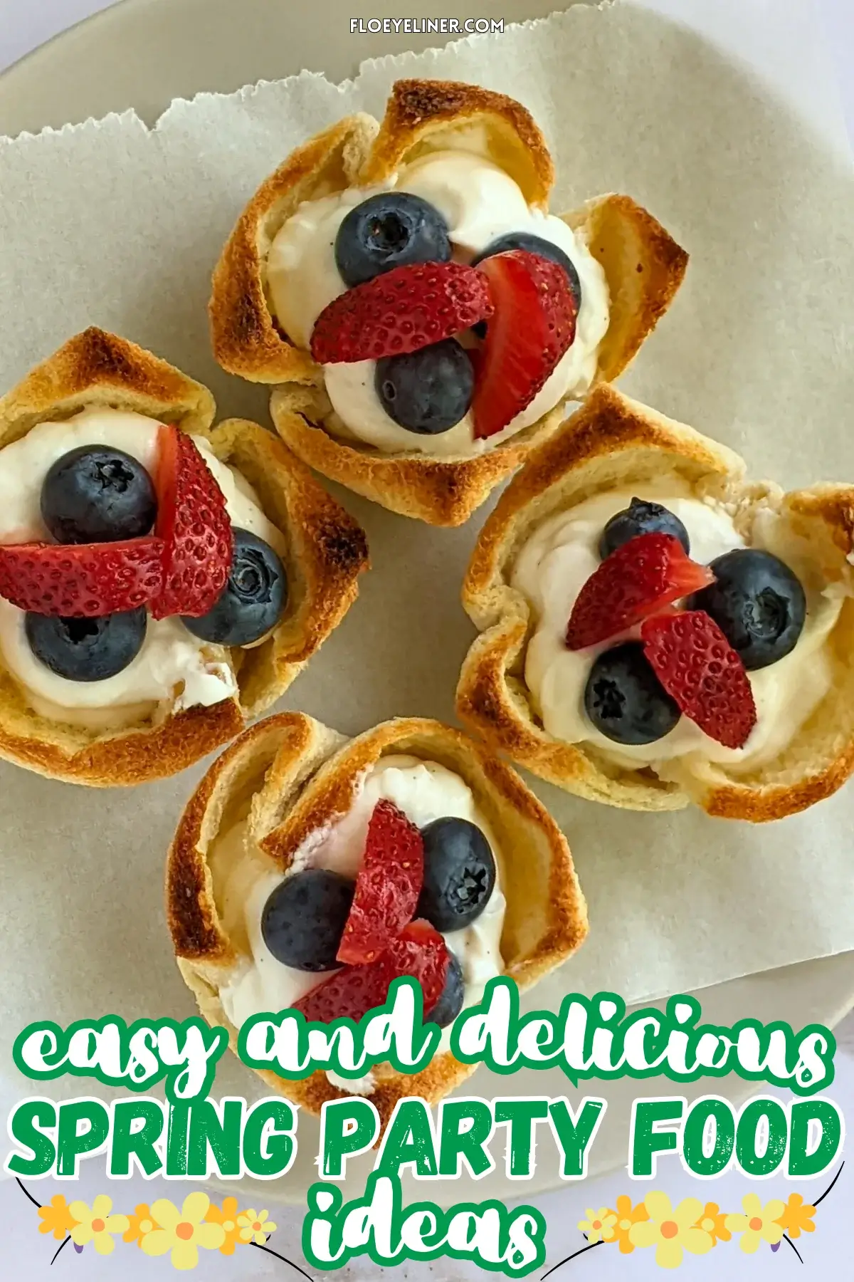 Ricotta and Mixed Berry Dessert Toast Cups - muffin-tin baked mini dessert cups made from white bread, filled with sweet ricotta and topped with fresh mixed berries like strawberries and blueberries.