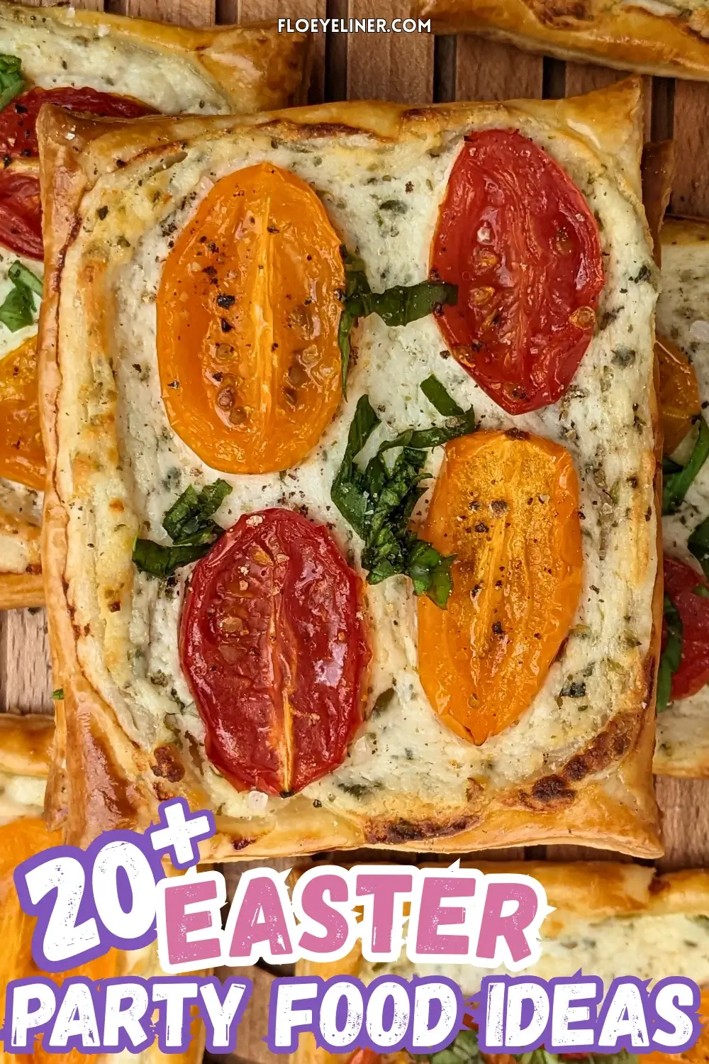 Roasted cherry tomato tarts with puff pastry - a puff pastry appetizer filled with ricotta and parmesan and topped with red and yellow cherry tomatoes and basil.