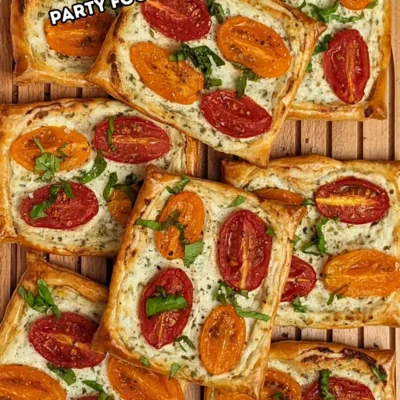 Roasted cherry tomato tarts with puff pastry - a puff pastry appetizer filled with ricotta and parmesan and topped with red and yellow cherry tomatoes and basil.