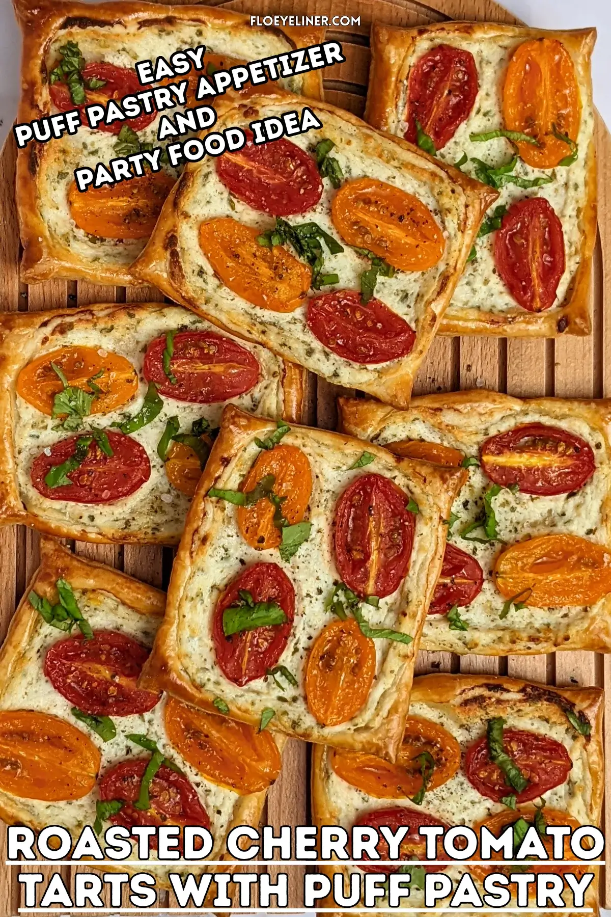 Roasted cherry tomato tarts with puff pastry - a puff pastry appetizer filled with ricotta and parmesan and topped with red and yellow cherry tomatoes and basil.