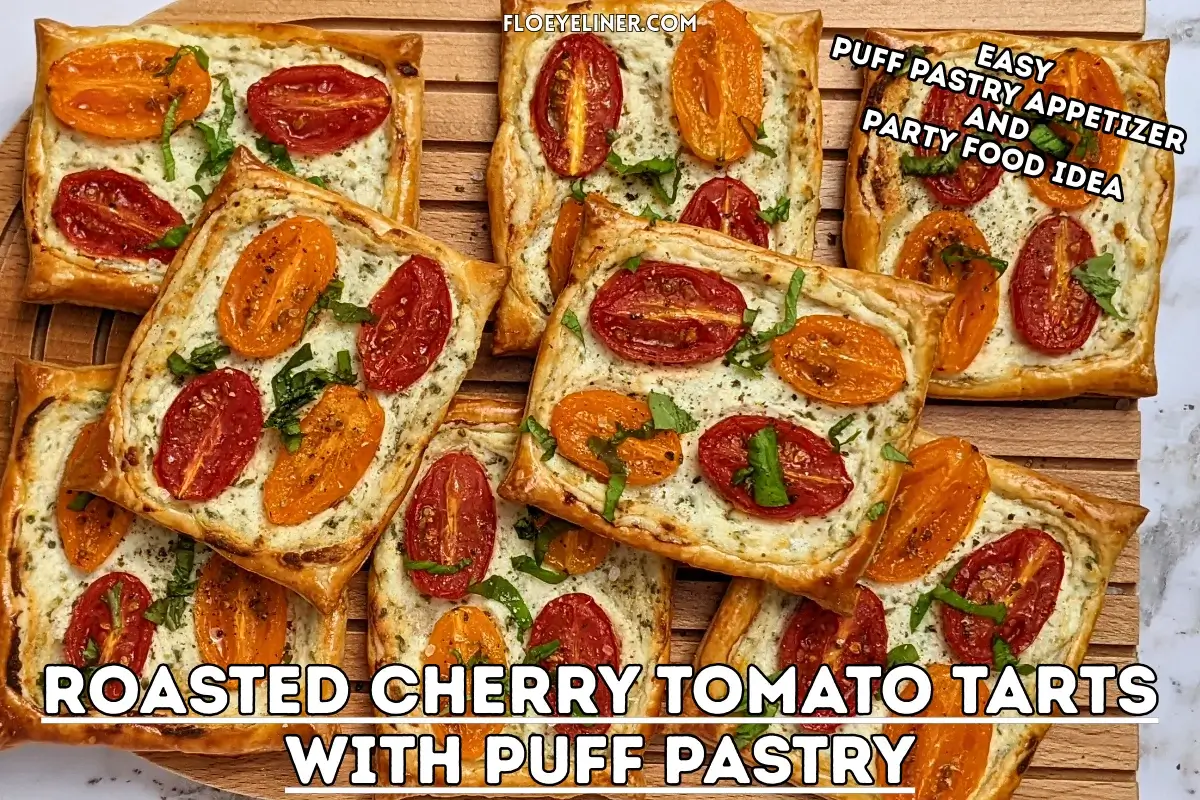 Roasted cherry tomato tarts with puff pastry - a puff pastry appetizer filled with ricotta and parmesan and topped with red and yellow cherry tomatoes and basil.