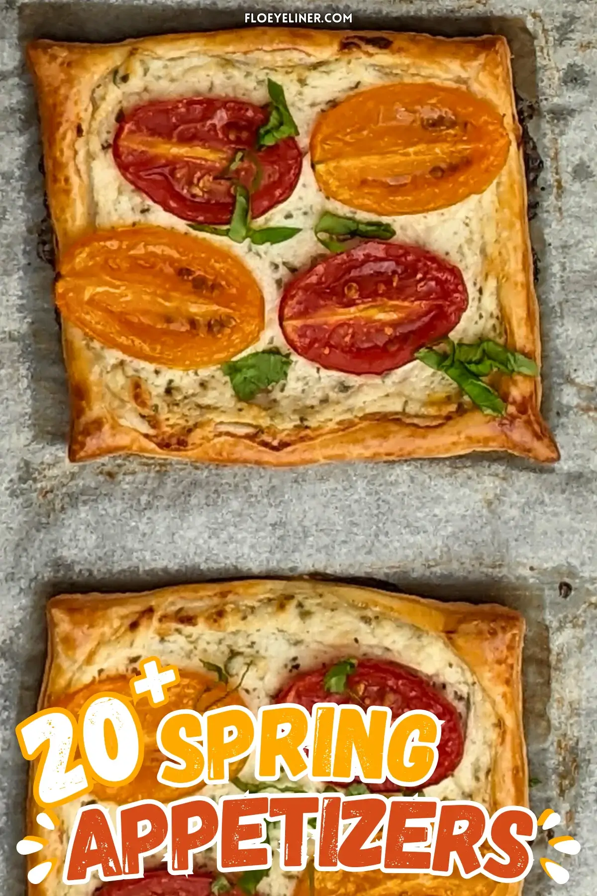 Roasted cherry tomato tarts with puff pastry - a puff pastry appetizer filled with ricotta and parmesan and topped with red and yellow cherry tomatoes and basil.