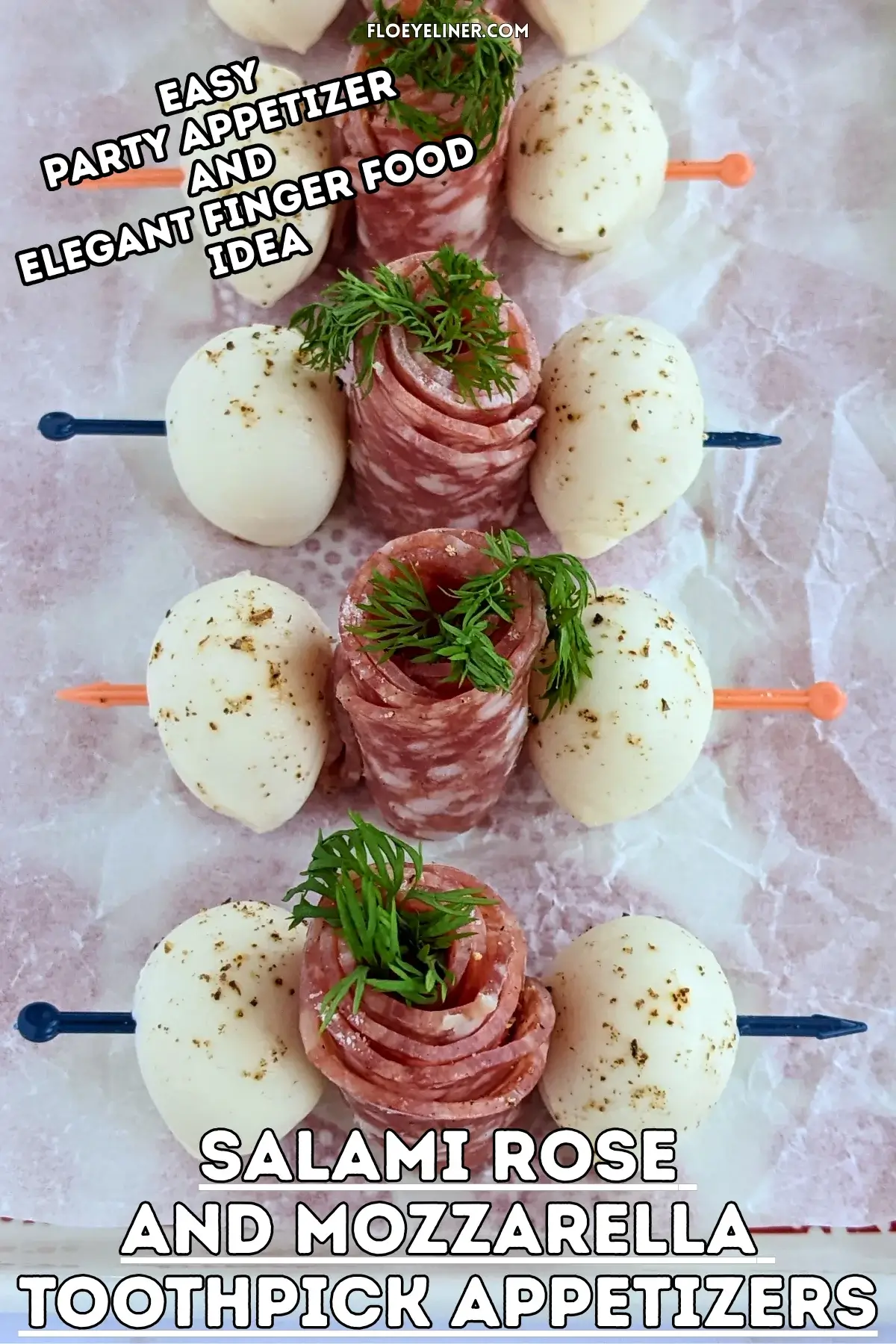 Salami Rose Toothpick Appetizers - easy and elegant party finger food on toothpicks made with slices of salami rolled up into roses and cucumber slices for leaves.