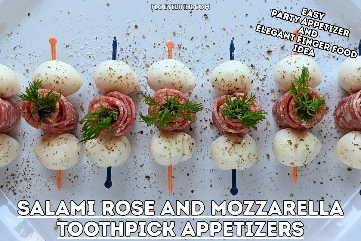 Salami Rose Toothpick Appetizers - easy and elegant party finger food on toothpicks made with slices of salami rolled up into roses and cucumber slices for leaves.