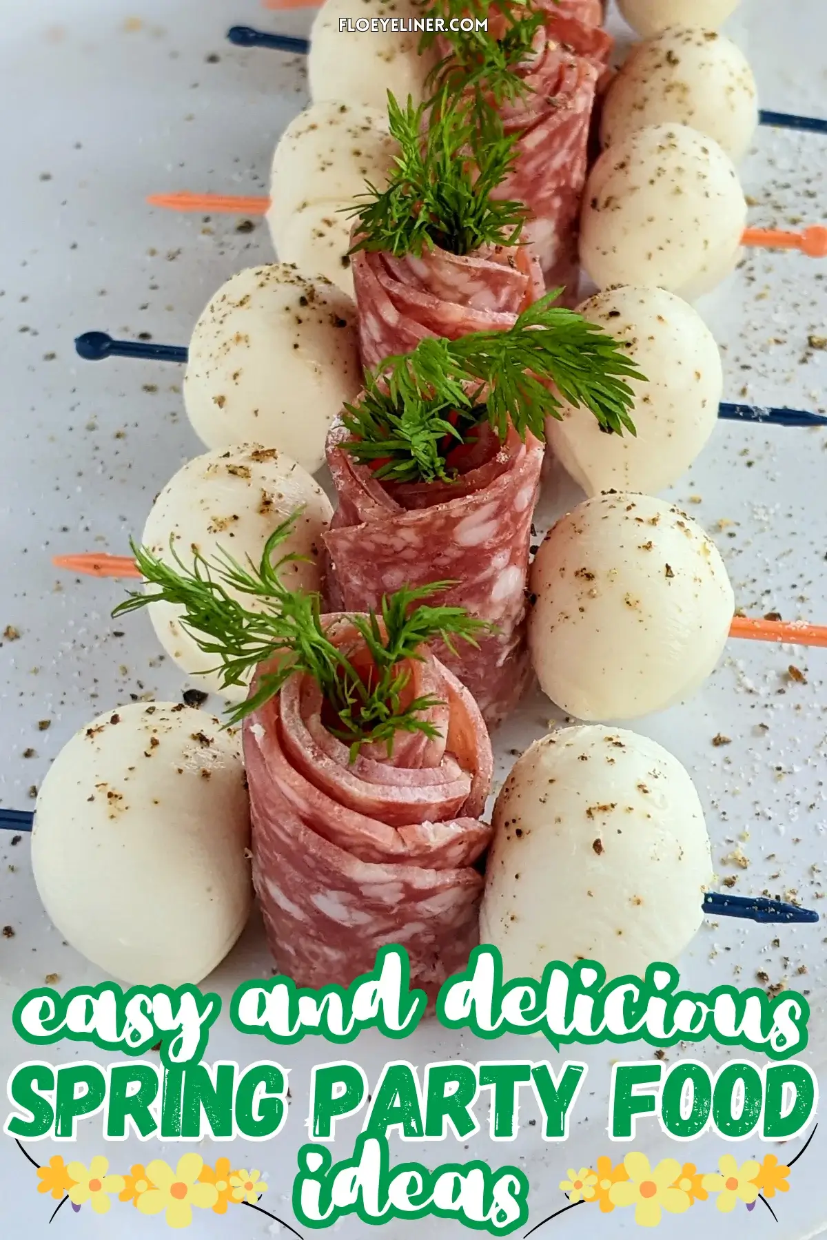 Salami Rose and Mozzarella Toothpick Appetizers - easy party finger food on toothpicks made with slices of salami rolled up into roses and mini mozzarella balls.