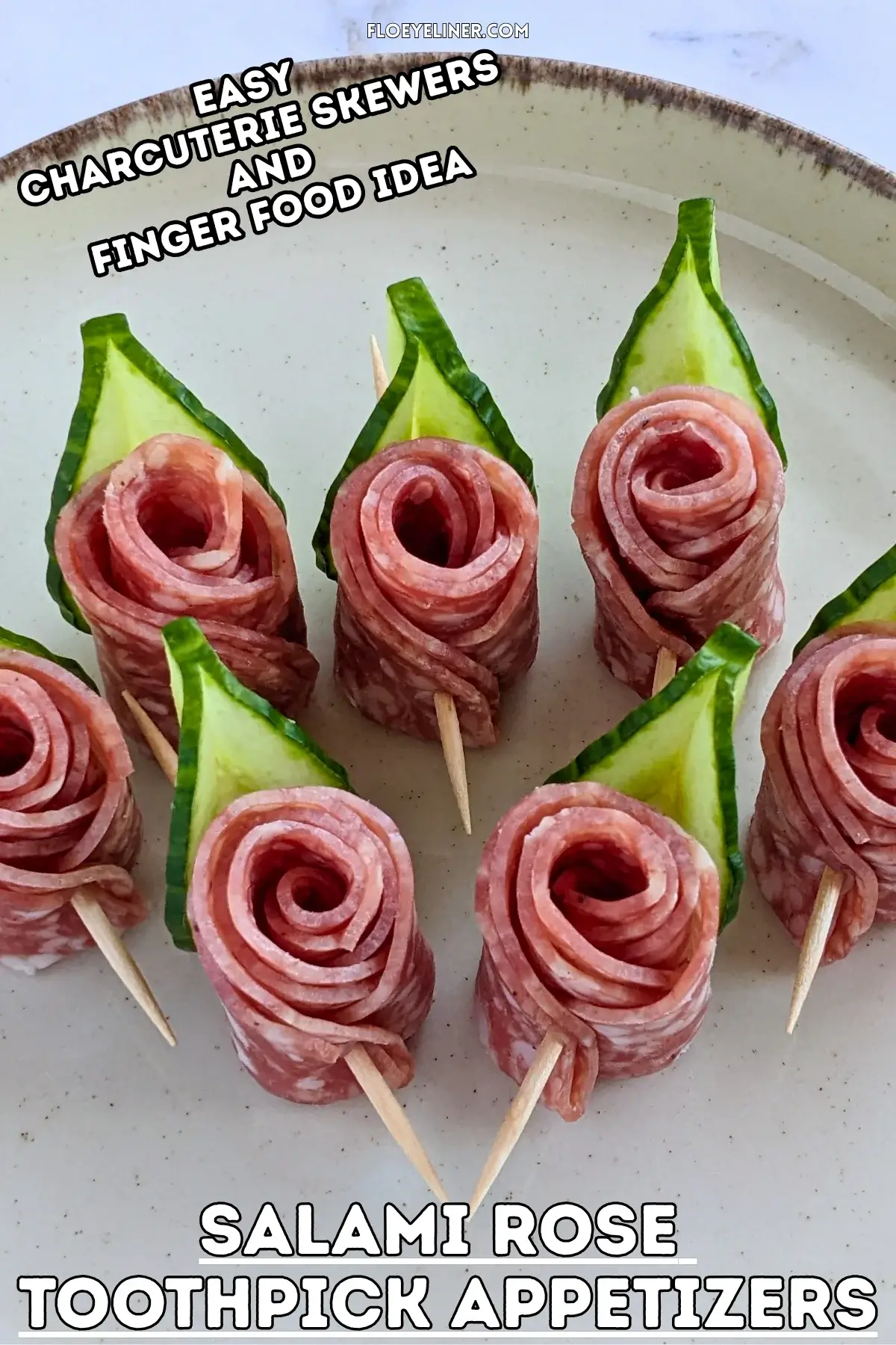 Salami Rose Toothpick Appetizers - easy and elegant party finger food on toothpicks made with slices of salami rolled up into roses and cucumber slices for leaves.
