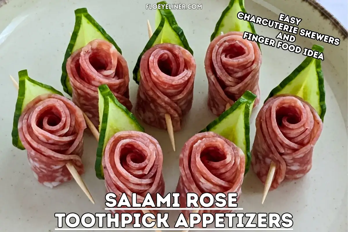 Salami Rose Toothpick Appetizers - easy and elegant party finger food on toothpicks made with slices of salami rolled up into roses and cucumber slices for leaves.