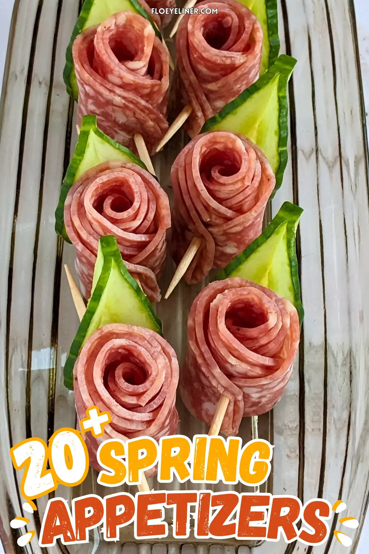 Salami Rose Toothpick Appetizers - easy and elegant party finger food on toothpicks made with slices of salami rolled up into roses and cucumber slices for leaves.