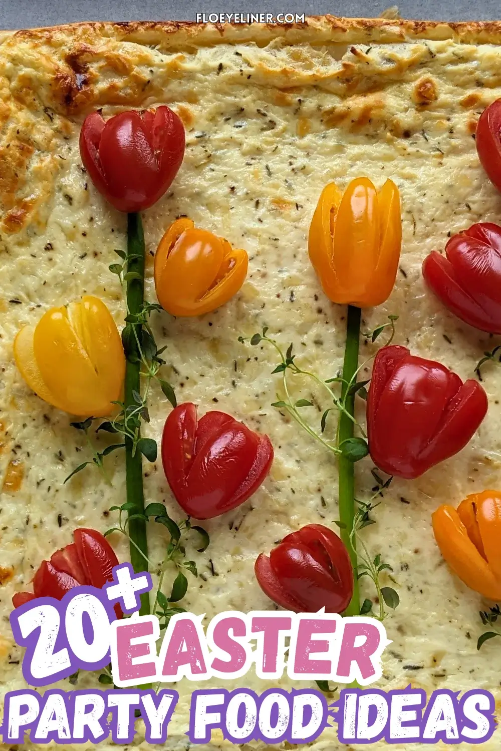 Savory Ricotta Puff Pastry Tart With Cherry Tomato Flowers - spring-themed puff pastry appetizer or dinner tart topped with a garlicky ricotta and grated Pecorino and cheese filling, topped with fresh red, orange, and yellow cherry tomatoes cut into shapes of tulips with green onions for stems and fresh thyme sprigs for leaves.