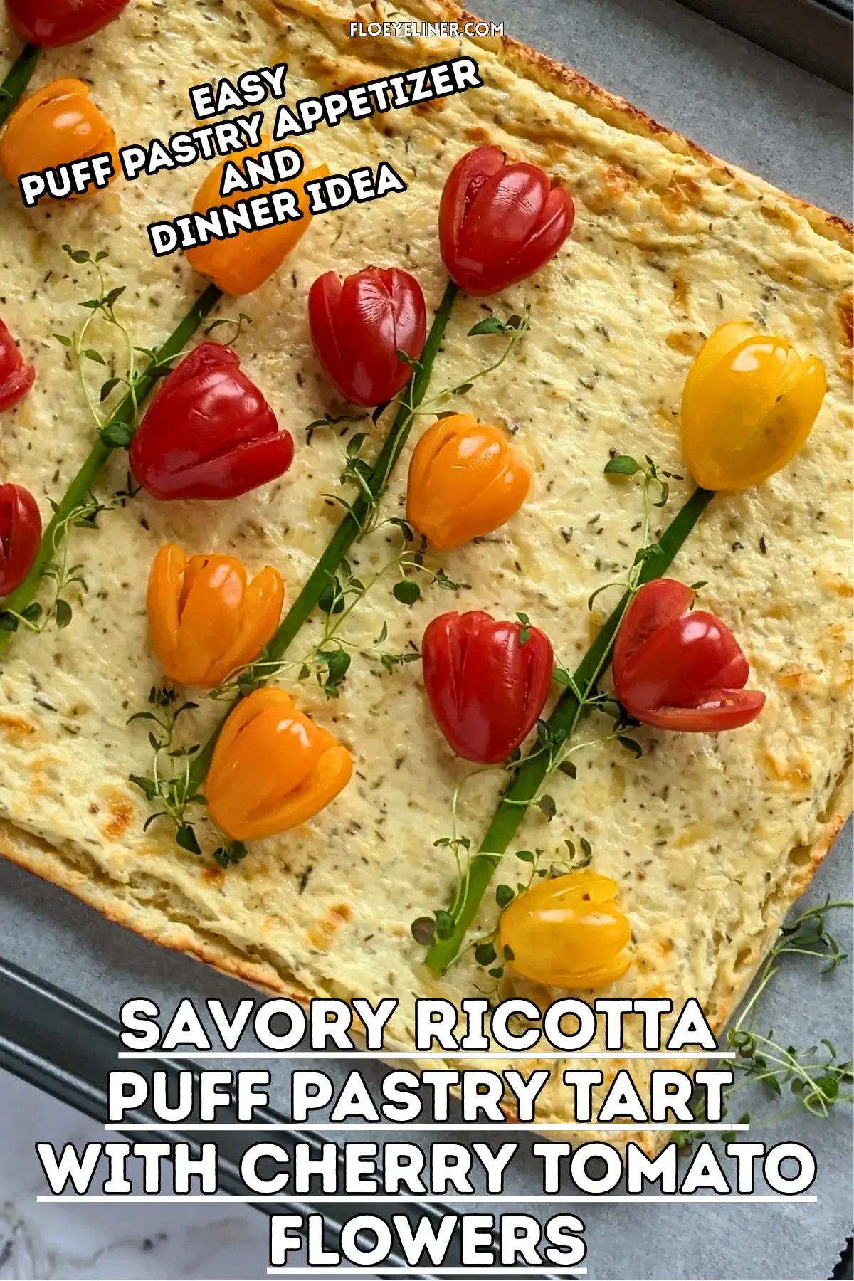 Savory Ricotta Puff Pastry Tart With Cherry Tomato Flowers - spring-themed puff pastry appetizer or dinner tart topped with a garlicky ricotta and grated Pecorino and cheese filling, topped with fresh red, orange, and yellow cherry tomatoes cut into shapes of tulips with green onions for stems and fresh thyme sprigs for leaves.