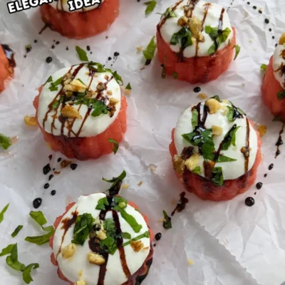 Watermelon Goat Cheese Appetizers - fresh watermelon bites topped with a whipped goat cheese-Greek yogurt cream, served with balsamic glaze, fresh mint, and crushed walnuts.
