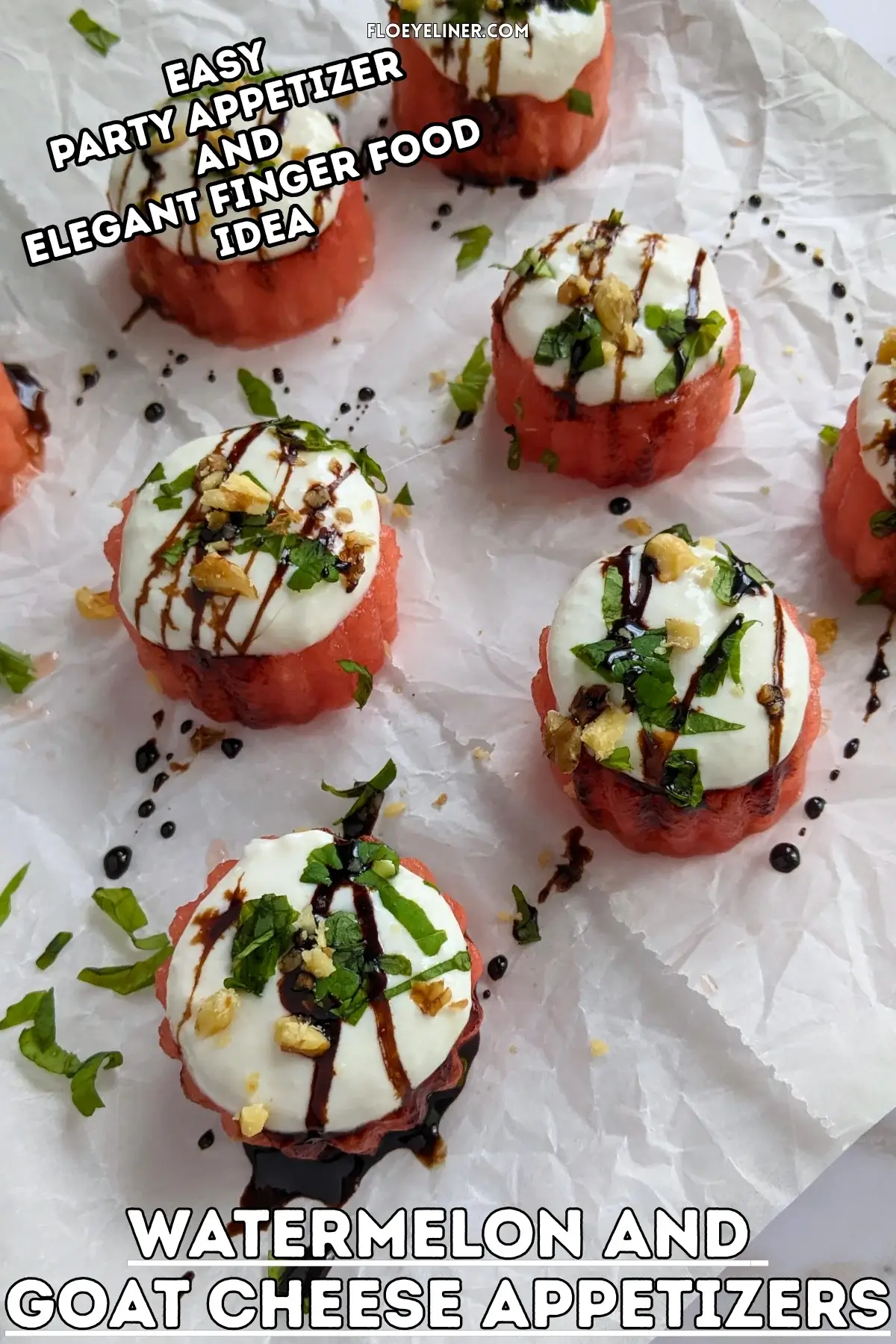 Watermelon Goat Cheese Appetizers - fresh watermelon bites topped with a whipped goat cheese-Greek yogurt cream, served with balsamic glaze, fresh mint, and crushed walnuts.