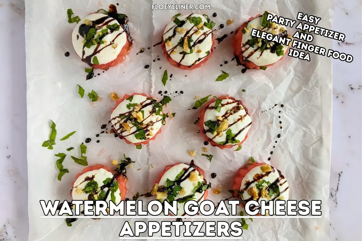 Watermelon Goat Cheese Appetizers - fresh watermelon bites topped with a whipped goat cheese-Greek yogurt cream, served with balsamic glaze, fresh mint, and crushed walnuts.