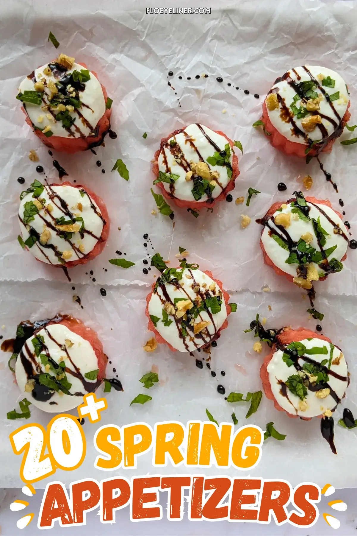 Watermelon Goat Cheese Appetizers - fresh watermelon bites topped with a whipped goat cheese-Greek yogurt cream, served with balsamic glaze, fresh mint, and crushed walnuts.