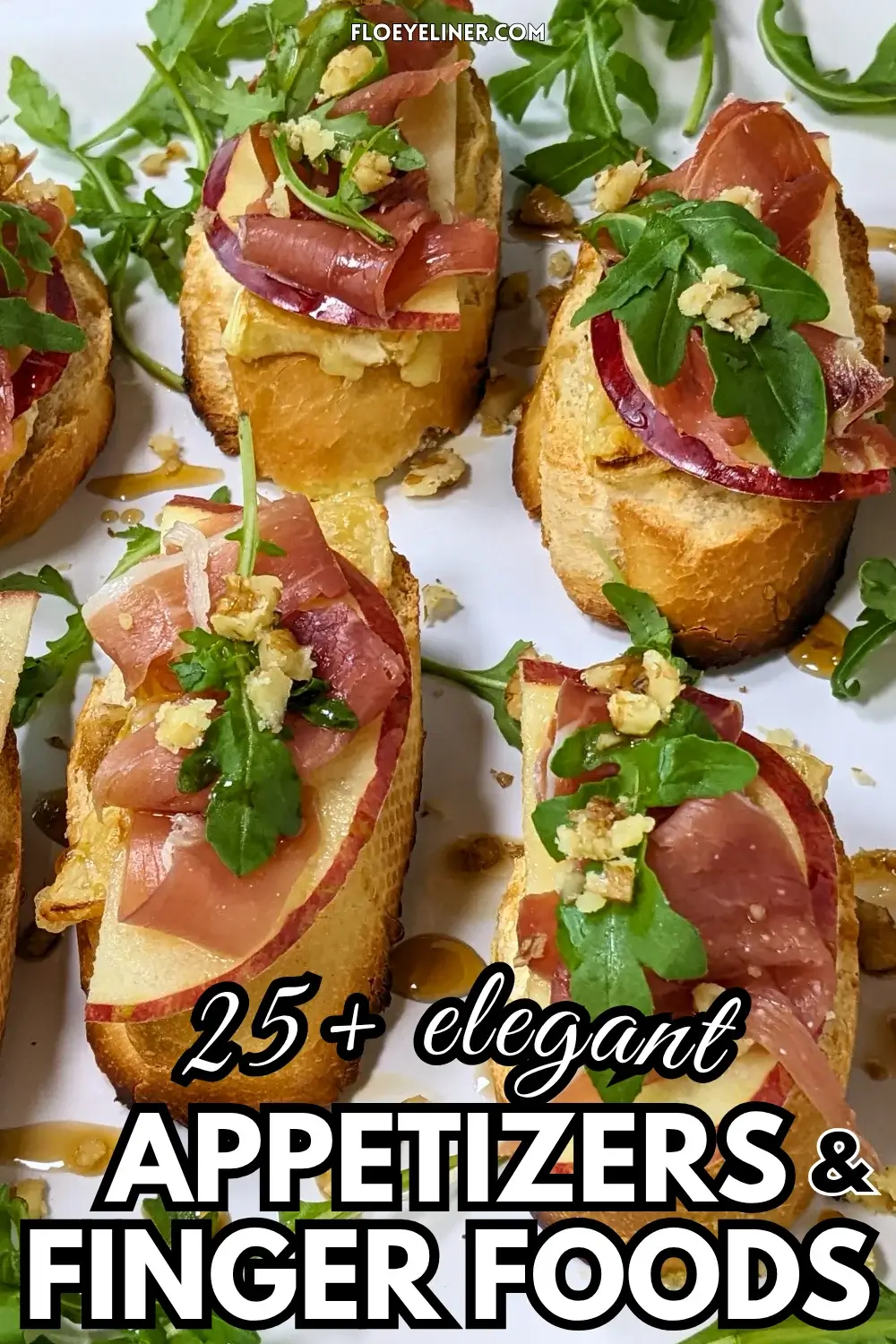 Apple and Brie Crostini Appetizers - Crostini appetizers with apple, Brie cheese, and serrano ham topped with arugula, crushed walnuts and maple syrup.