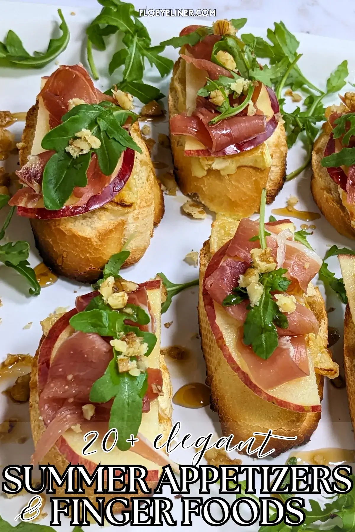 Apple and Brie Crostini Appetizers - Crostini appetizers with apple, Brie cheese, and serrano ham topped with arugula, crushed walnuts and maple syrup.