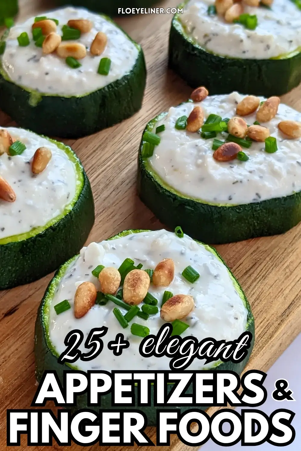 Baked Zucchini Rounds Appetizers With Goat Cheese - oven-baked zucchini rounds topped with a creamy goat cheese-Greek yogurt spread, toasted pine nuts, and fresh chives