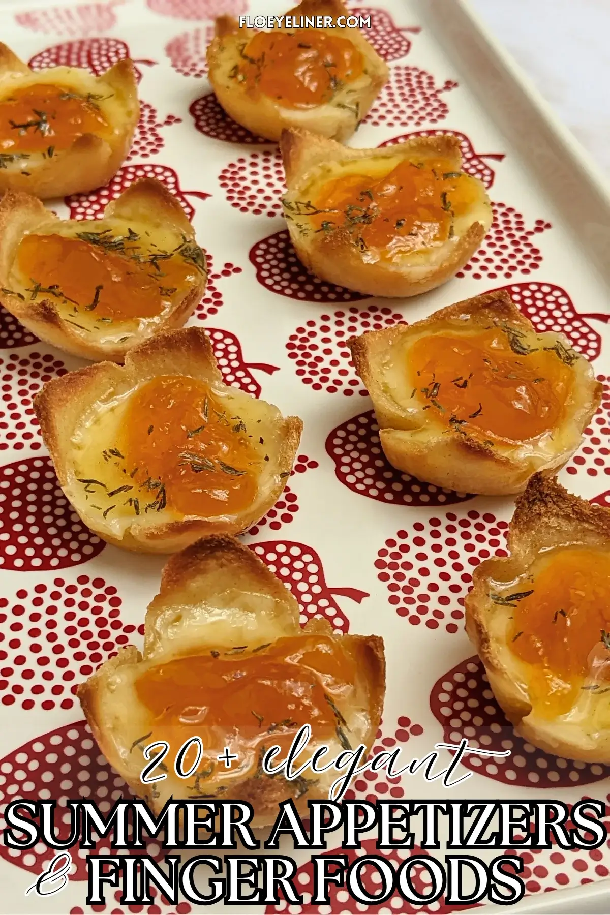 Cheddar cheese and apricot jam appetizer bites - mini bread toast cups filled with cheddar cheese, topped with apricot jam and a honey-dryed thyme drizzle.