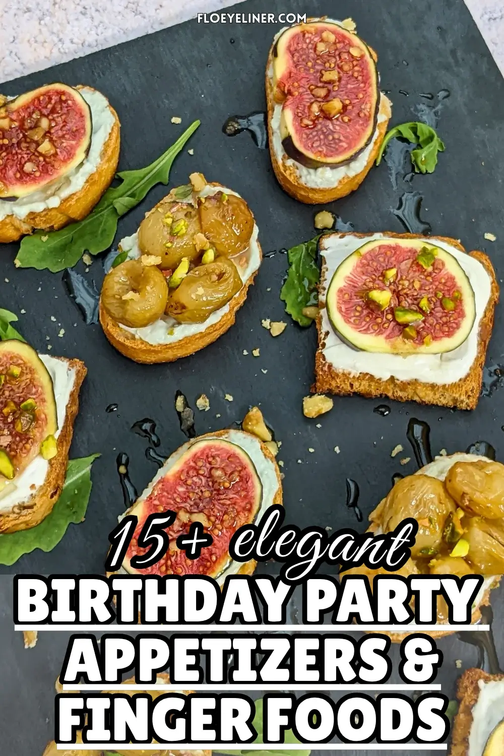 Cheese and Fruits Crostini Appetizers Platter - Italian crostini party food platter with cheese and fruit toppings.