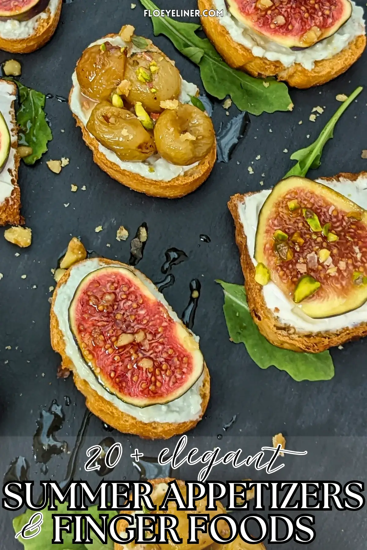 Cheese and Fruits Crostini Appetizers Platter - Italian crostini party food platter with cheese and fruit toppings.
