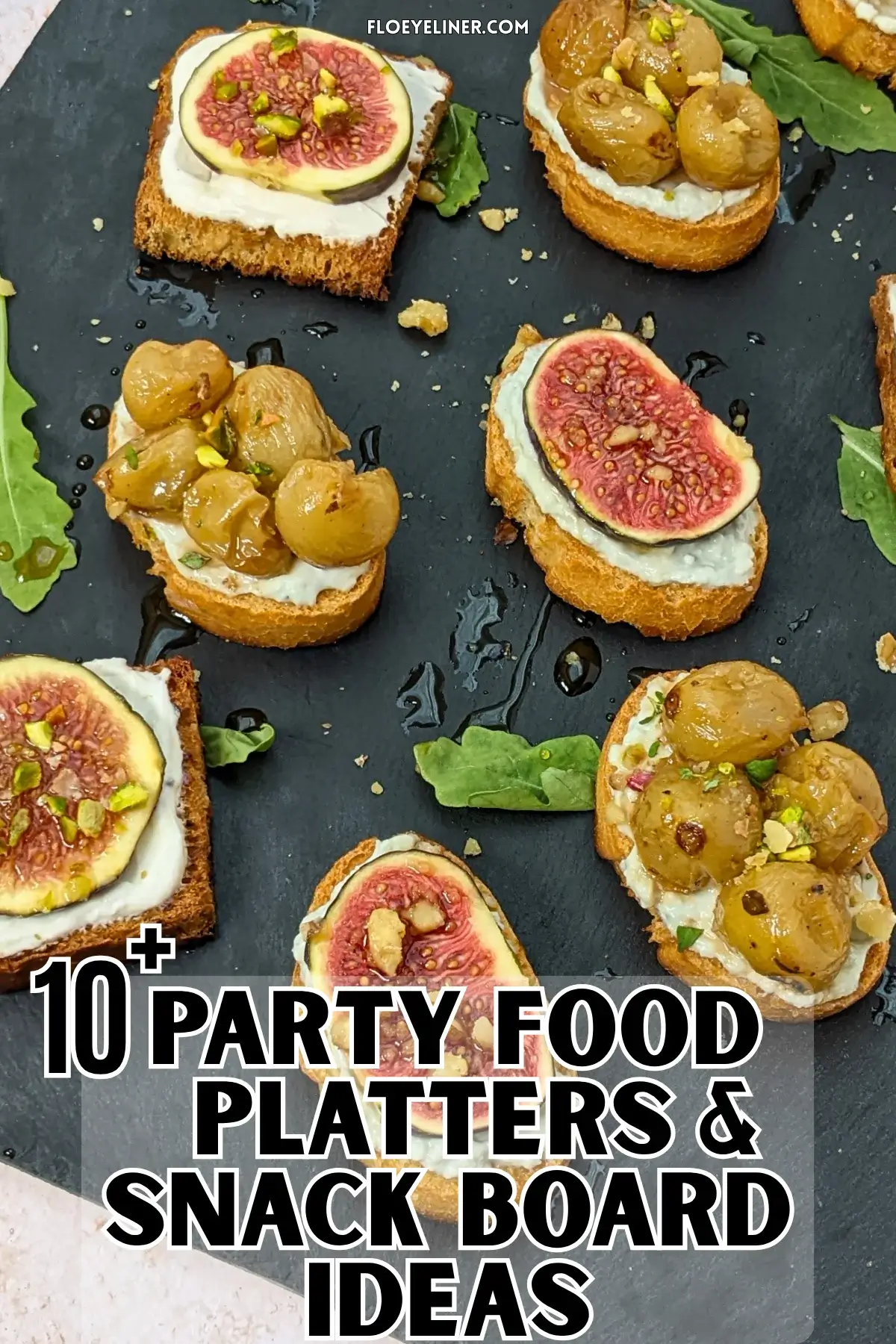 Cheese and Fruits Crostini Appetizers Platter - Italian crostini party food platter with cheese and fruit toppings.